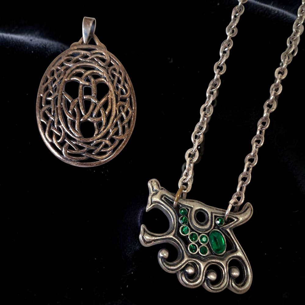 Lot 2 Vintage Celtic Silver Tone Necklaces Emerald Crystal Dragon Knot Pendant